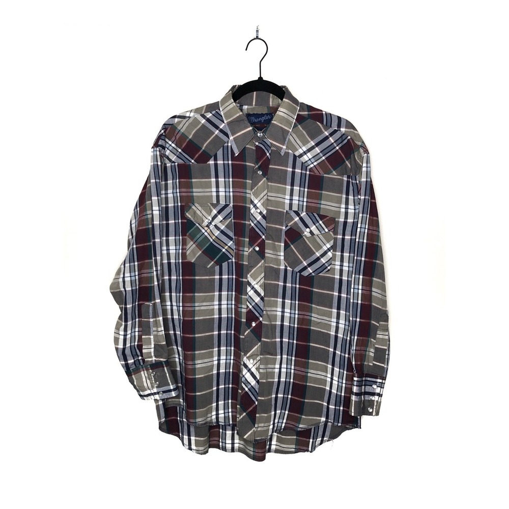 Vintage Wrangler Pearl‎ Snap Long Sleeve X-Long Tails Sz L 16.5-33 Plaid Pockets